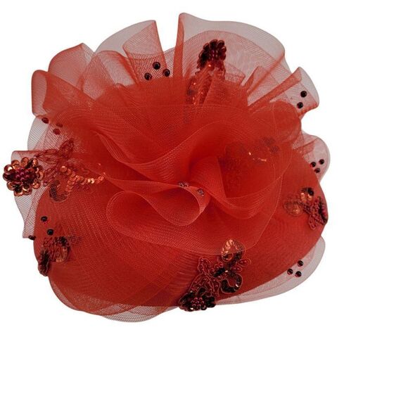 Vintage Ms Divine Red Hat Church‎ Derby Netted Bow Flower Sequin Applique Sraw - Picture 4 of 10